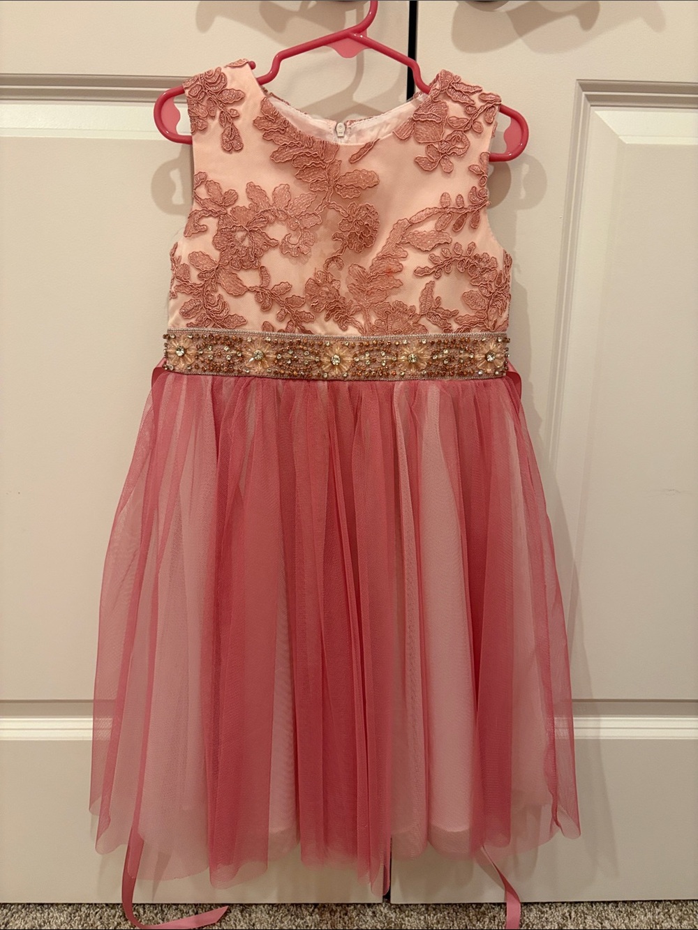 Rare Editions Rose Pink Embroidered Tulle Dress with Beaded Waist